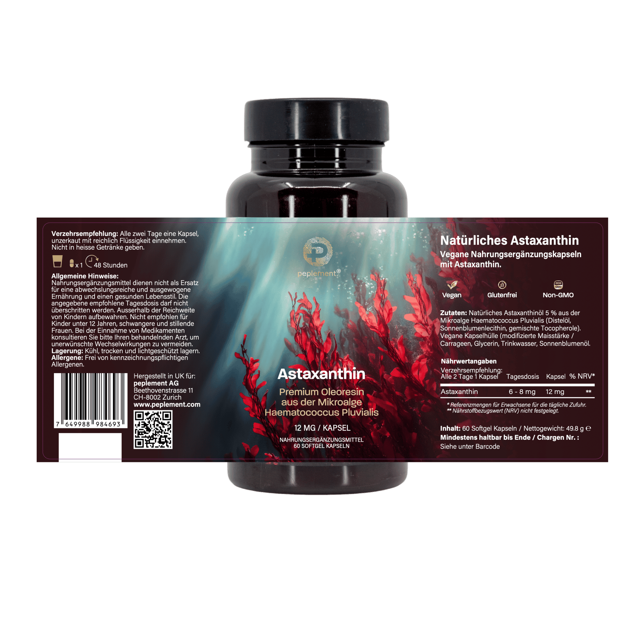 Astaxanthin Softgelkapseln 12 mg - hochdosiertes natürliches Carotinoid aus der Mikroalge