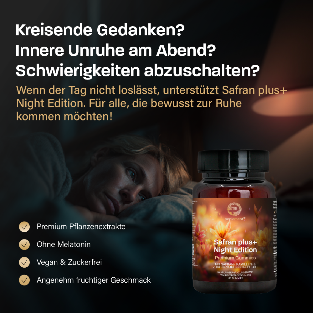 Safran plus+ Night Edition – Zuckerfreie, vegane Gummies mit Safran, Melisse, Kamille, Zink & Vitamin B6