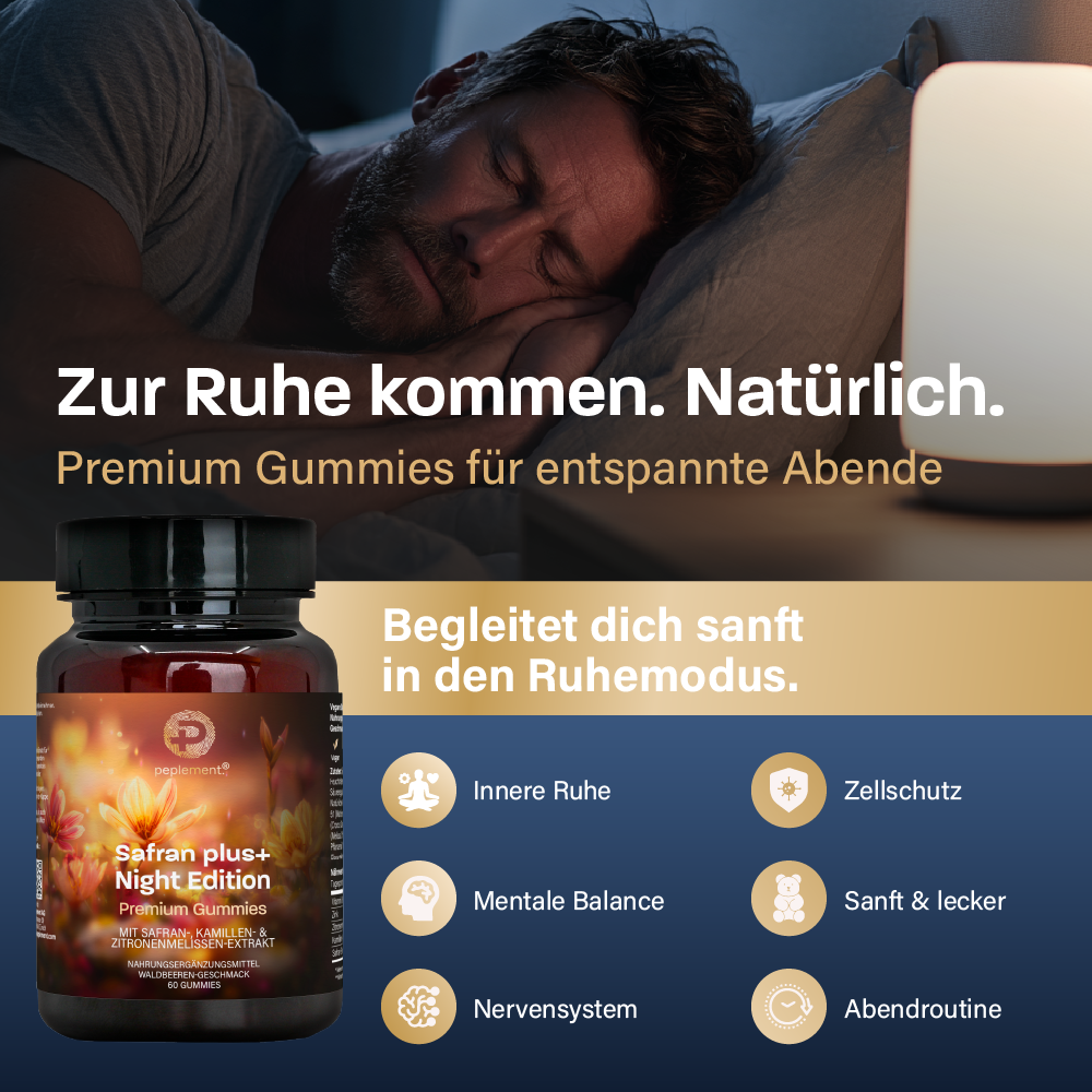 Safran plus+ Night Edition – Zuckerfreie, vegane Gummies mit Safran, Melisse, Kamille, Zink & Vitamin B6