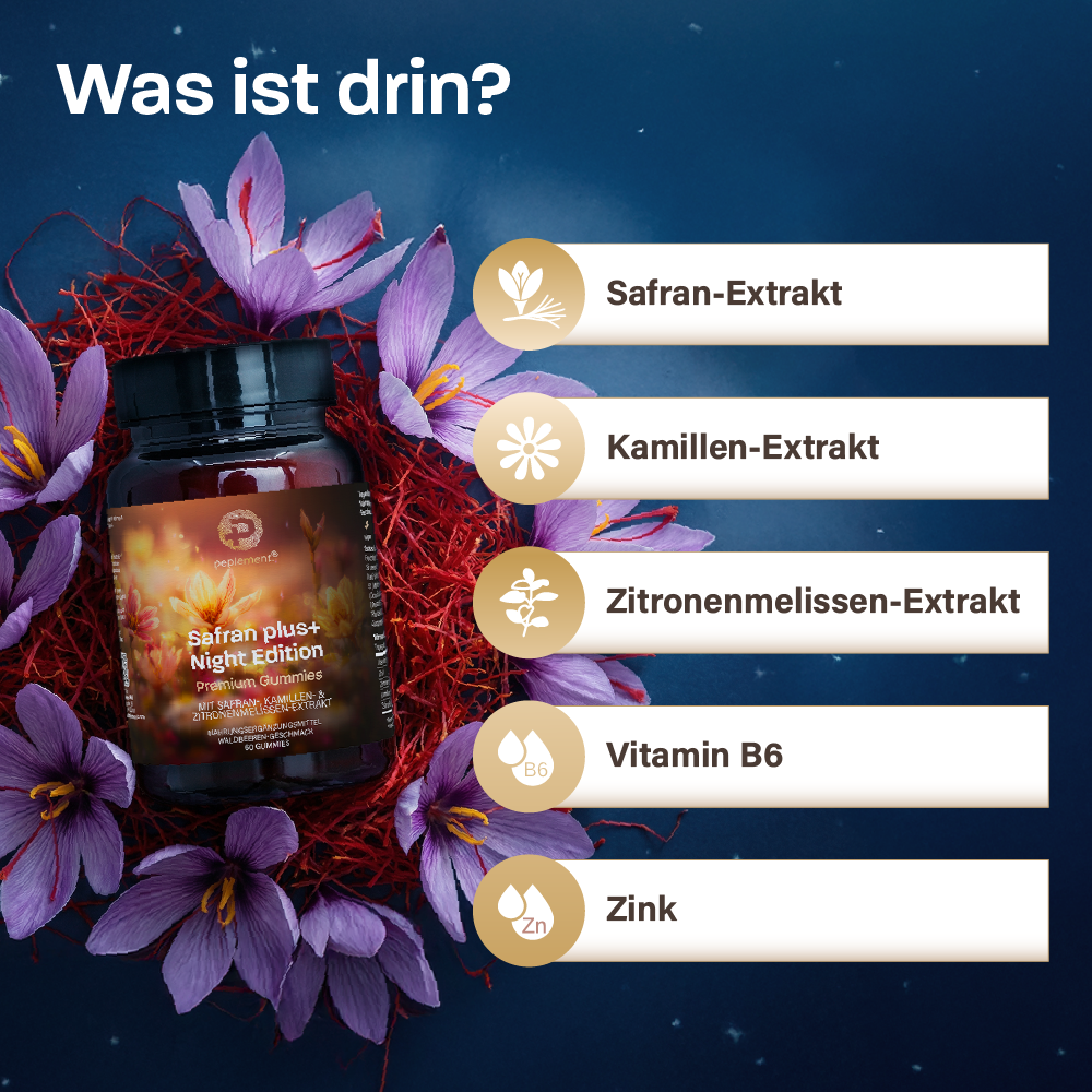 Safran plus+ Night Edition – Zuckerfreie, vegane Gummies mit Safran, Melisse, Kamille, Zink & Vitamin B6