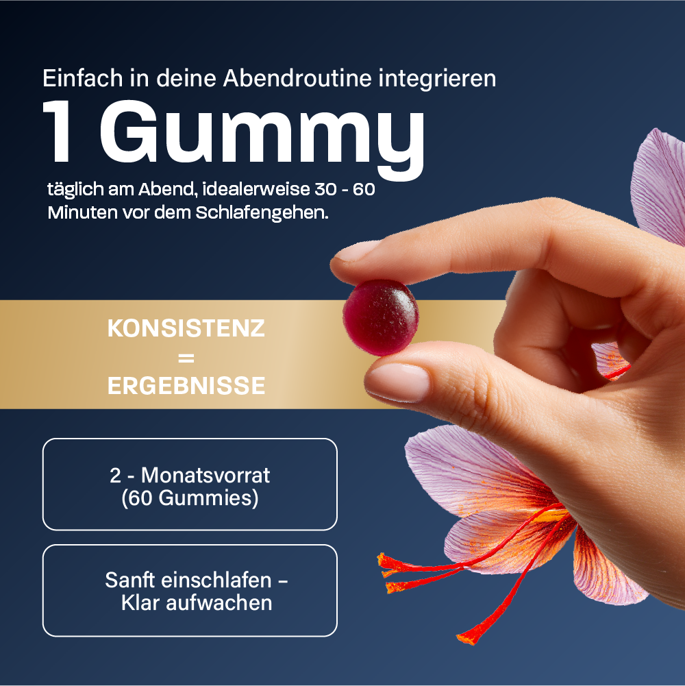 Safran plus+ Night Edition – Zuckerfreie, vegane Gummies mit Safran, Melisse, Kamille, Zink & Vitamin B6
