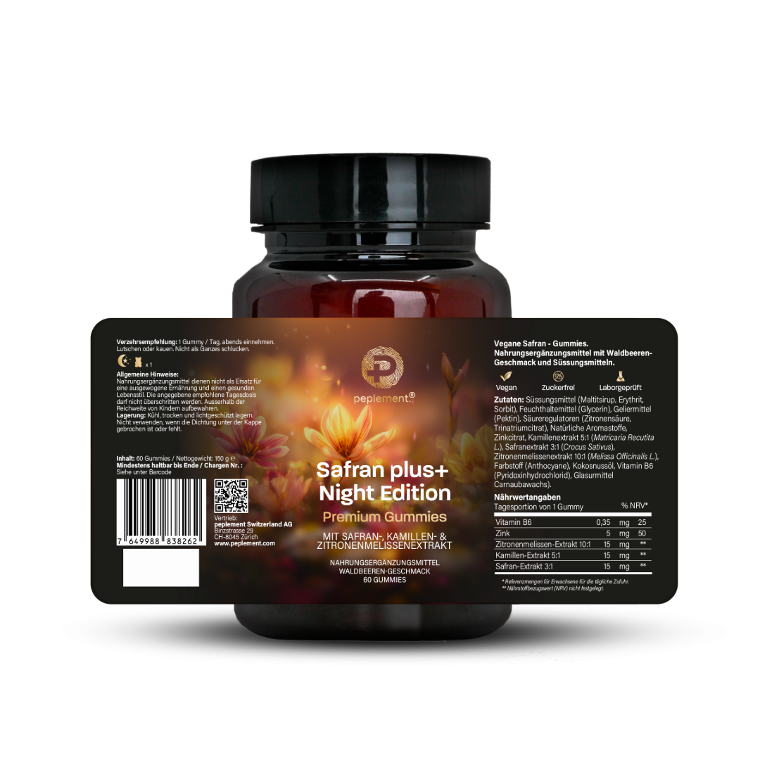 Safran plus+ Night Edition – Zuckerfreie, vegane Gummies mit Safran, Melisse, Kamille, Zink & Vitamin B6